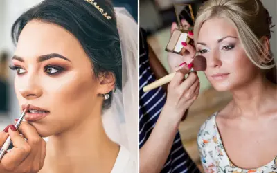 Trucco sposa delicato: una sposa con tiara e velo riceve il tocco finale al trucco labbra, mentre un'altra viene preparata con un pennello sul viso.