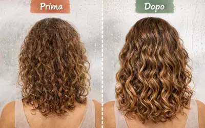 Capelli prima crespi e spenti, dopo definiti e luminosi. È possibile che i capelli da lisci diventano ricci con la giusta cura.