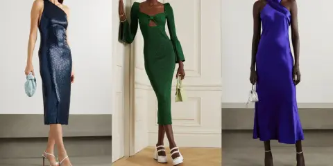 Tre abiti eleganti: blu con paillettes, verde con cut-out e viola in raso. Un abito bustier midi perfetto per ogni occasione.