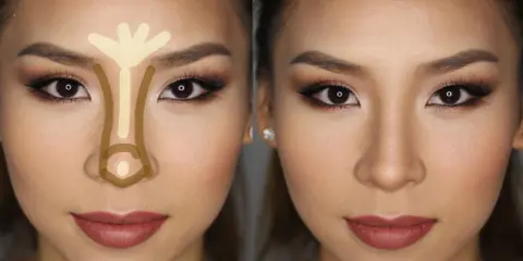 Tecnica di contouring per un naso a patata: evidenziare la parte centrale e ombreggiare i lati per affinarlo.