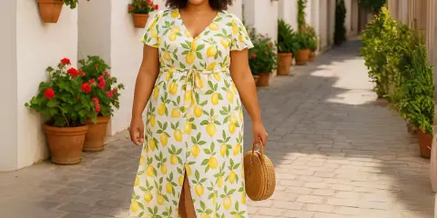 Donna sorridente con un vestito limoni, cammina in un vicolo fiorito.