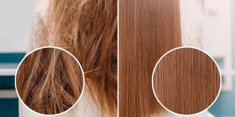 Capelli crespi prima e lisci dopo un trattamento alla cheratina. La cheratina serve a ricostruire e levigare la fibra capillare, donando lucentezza e morbidezza.