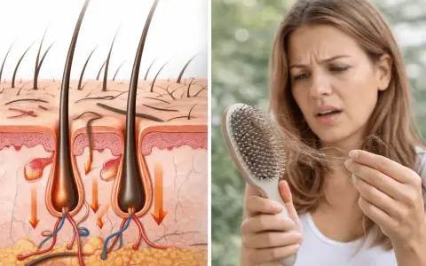 Illustrazione anatomica del follicolo pilifero e donna preoccupata per i capelli persi sul pettine, un segno del periodo caduta capelli.