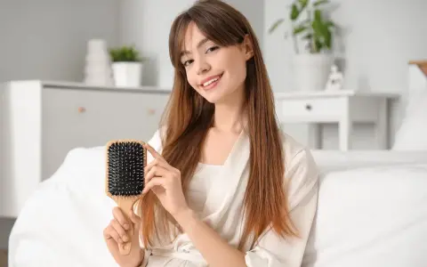 Ragazza sorridente mostra una spazzola per capelli in plastica, perfetta per districare e pulire i capelli.