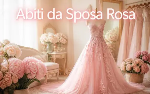 Un magnifico abito da sposa in tulle rosa, con pizzo floreale e una lunga gonna a balze, esposto in un ambiente romantico con fiori rosa.