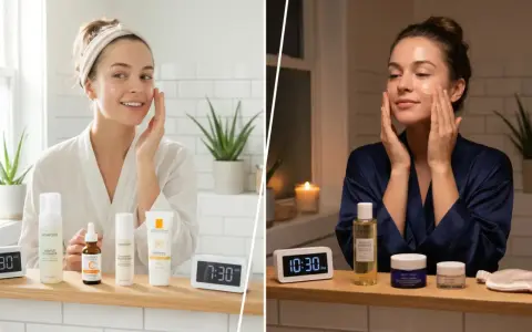 Due immagini affiancate mostrano i passaggi della skincare routine: mattina con SPF e sera con prodotti notturni.