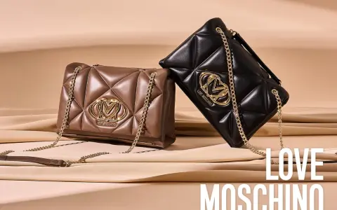Due borse Moschino, una marrone e una nera, con trapuntatura a rombi e logo dorato. Le moschino tasche sono perfette per ogni occasione.