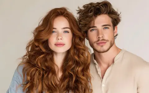 Coppia con capelli perfetti: lei con chioma rossa e riccia, lui con capelli castani mossi.