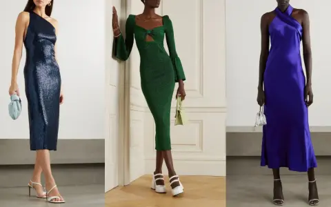 Tre abiti eleganti: blu con paillettes, verde con cut-out e viola in raso. Un abito bustier midi perfetto per ogni occasione.