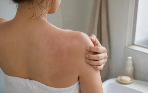 Donna con eruzione cutanea rossa sulla schiena e sulle spalle, che si gratta per il prurito dopo la doccia.