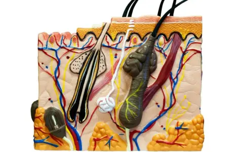 Modello anatomico della pelle che mostra follicoli piliferi, ghiandole sebacee viso, vasi sanguigni e nervi.