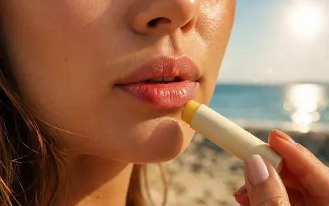 Labbra morbide e protette dal sole. Un balsamo applicato mentre le labbra si abbronzano sulla spiaggia, con il mare sullo sfondo.