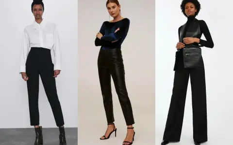Tre donne indossano outfit eleganti con pantaloni neri. A sinistra, un pantalone largo elegante a vita alta con camicia bianca. Al centro, un pantalone elegante in pelle nera. A destra, un pantalone largo elegante a palazzo.