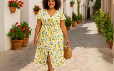 Donna sorridente con un vestito limoni, cammina in un vicolo fiorito.