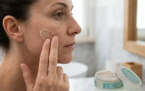Donna applica esfoliante viso con grani fini. Scopri cos'è e come usarlo per una pelle luminosa.