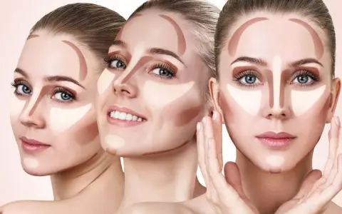 Tre volti femminili mostrano le tecniche di schema contouring viso, con linee di ombretto e illuminante per scolpire i tratti.