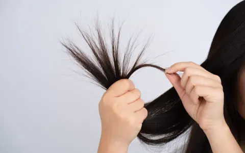 Mani che esaminano ciocche di capelli scuri, mostrando le doppie punte come causa di capelli danneggiati e secchi.
