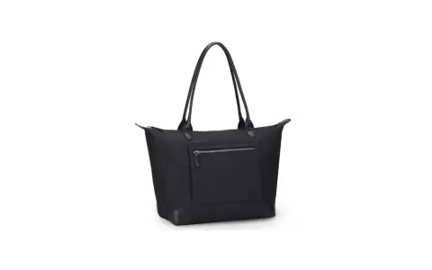 Elegante borsa nylon nera con manici in pelle e tasca esterna con zip. Perfetta per ogni occasione.