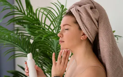 Donna con asciugamano in testa applica tonico sul viso con un dischetto di cotone, parte della sua **night skincare routine**.