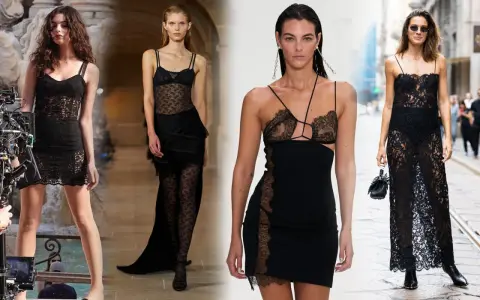 Modelle sfoggiano un sensuale abito nero pizzo, corto e lungo, con dettagli audaci e trasparenze eleganti.