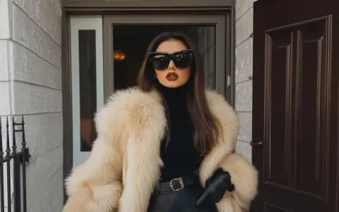 Donna con pelliccia chiara, occhiali da sole oversize e rossetto scuro, un look da vera mob wife.