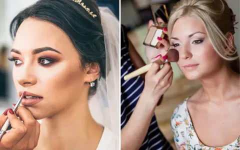 Trucco sposa delicato: una sposa con tiara e velo riceve il tocco finale al trucco labbra, mentre un'altra viene preparata con un pennello sul viso.