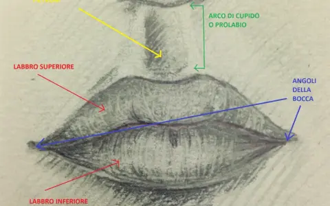 Disegno a matita che illustra come disegnare le labbra, con frecce che indicano philtrum, arco di Cupido, labbro superiore, labbro inferiore e angoli della bocca.