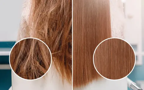 Capelli crespi prima e lisci dopo un trattamento alla cheratina. La cheratina serve a ricostruire e levigare la fibra capillare, donando lucentezza e morbidezza.