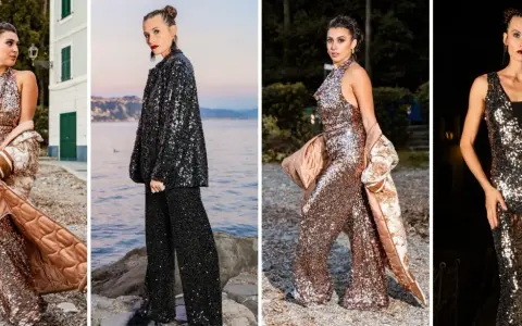 Modella indossa un abito a rete con strass scintillanti, un completo elegante e audace.