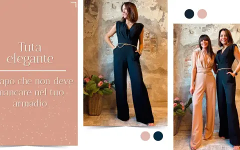Tuta elegante donna nera, un capo essenziale per un look sofisticato. Due modelli, uno nero e uno beige, con cintura dorata.