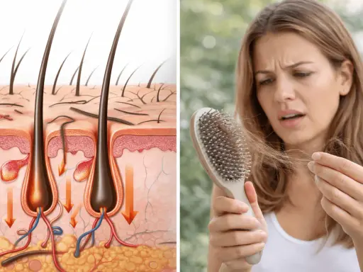 Illustrazione anatomica del follicolo pilifero e donna preoccupata per i capelli persi sul pettine, un segno del periodo caduta capelli.
