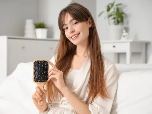Ragazza sorridente mostra una spazzola per capelli in plastica, perfetta per districare e pulire i capelli.