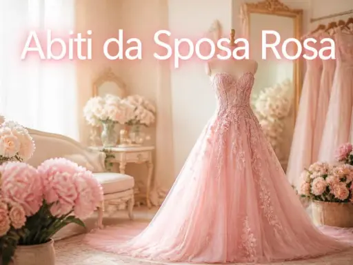 Un magnifico abito da sposa in tulle rosa, con pizzo floreale e una lunga gonna a balze, esposto in un ambiente romantico con fiori rosa.