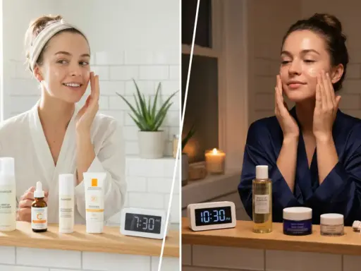 Due immagini affiancate mostrano i passaggi della skincare routine: mattina con SPF e sera con prodotti notturni.