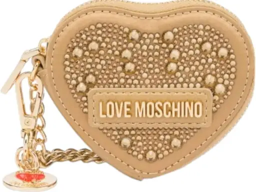 A beige heart-shaped Moschino keychain with gold studs and "LOVE MOSCHINO" logo.
