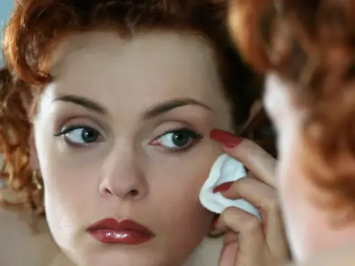 Donna dai capelli rossi si strucca il viso con un dischetto di cotone, guardandosi allo specchio.