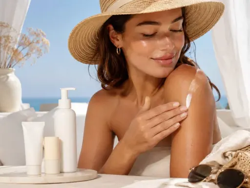Donna con cappello di paglia applica crema solare sul braccio, mostrando che si può mettere il fondotinta sopra la crema solare per un look radioso.
