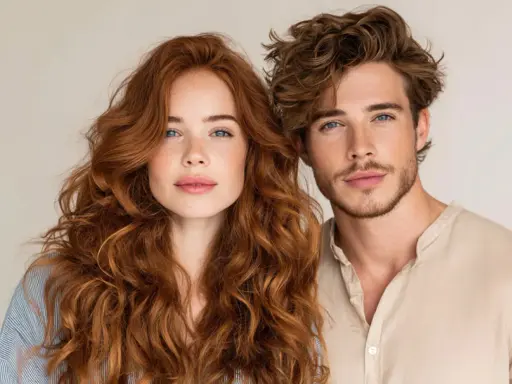 Coppia con capelli perfetti: lei con chioma rossa e riccia, lui con capelli castani mossi.