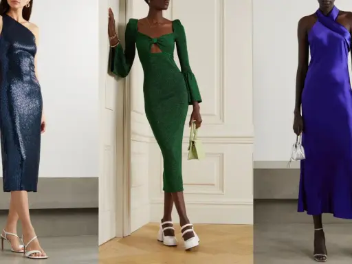 Tre abiti eleganti: blu con paillettes, verde con cut-out e viola in raso. Un abito bustier midi perfetto per ogni occasione.