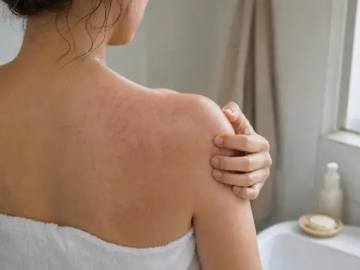 Donna con eruzione cutanea rossa sulla schiena e sulle spalle, che si gratta per il prurito dopo la doccia.