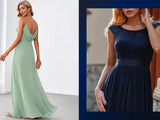 Modella indossa un abito in chiffon corto verde menta con spalline sottili e un elegante drappeggio sulla schiena.