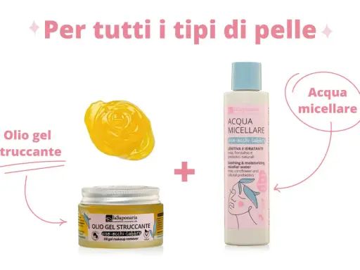Scopri come si fa la doppia detersione con olio gel struccante e acqua micellare, per tutti i tipi di pelle.