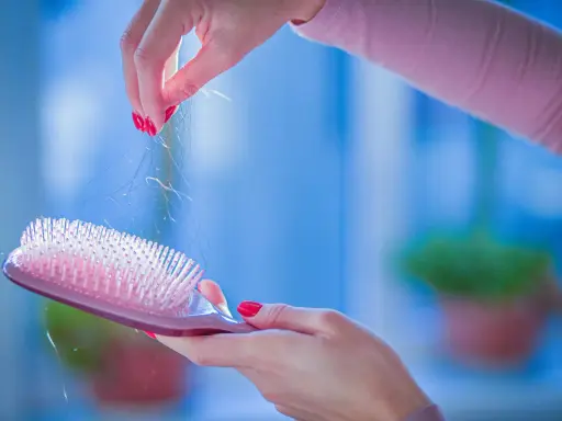 Mani con smalto rosso rimuovono capelli da una spazzola rosa. Un promemoria per imparare come lavare le spazzole per mantenerle pulite.