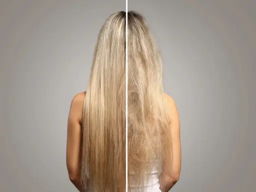 Capelli prima e dopo trattamento alla cheratina: da crespi e spenti a lisci e luminosi. La cheratina cos'è? Una proteina che ristruttura il capello.