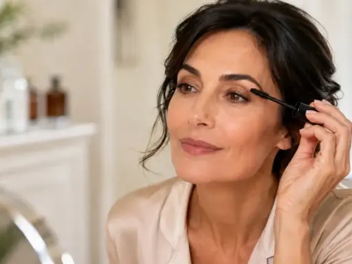 Donna applica il mascara, un passaggio fondamentale nei passaggi trucco base viso per uno sguardo intenso.