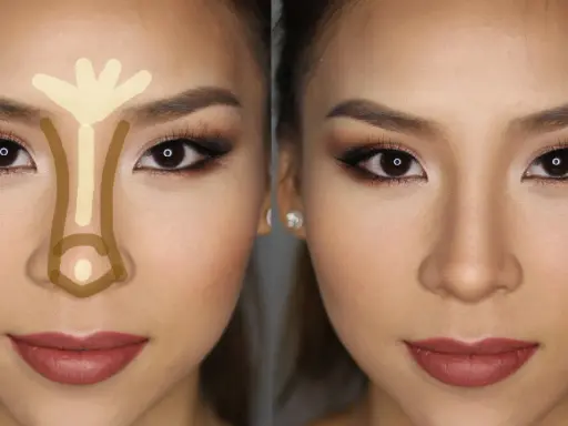 Tecnica di contouring per un naso a patata: evidenziare la parte centrale e ombreggiare i lati per affinarlo.