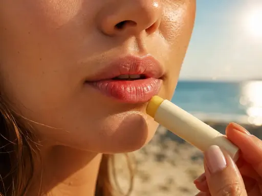 Labbra morbide e protette dal sole. Un balsamo applicato mentre le labbra si abbronzano sulla spiaggia, con il mare sullo sfondo.