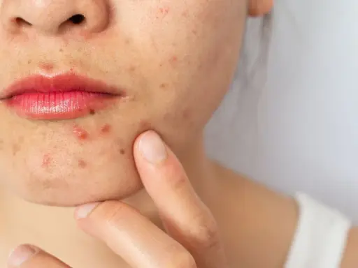 Primo piano del viso di una donna con evidenti segni di acne cistica intorno alla bocca e sul mento.