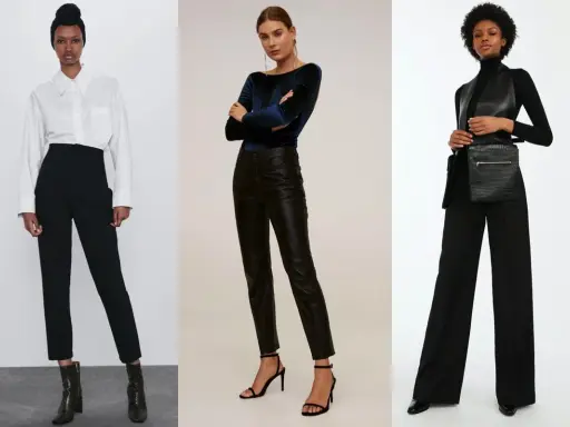 Tre donne indossano outfit eleganti con pantaloni neri. A sinistra, un pantalone largo elegante a vita alta con camicia bianca. Al centro, un pantalone elegante in pelle nera. A destra, un pantalone largo elegante a palazzo.
