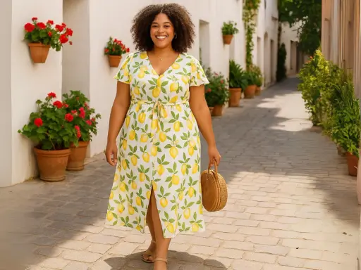 Donna sorridente con un vestito limoni, cammina in un vicolo fiorito.